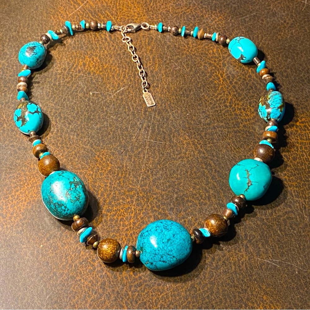 Peyote Bird vintage necklace,Turquoise,glass,wood beads,sterling silver 925